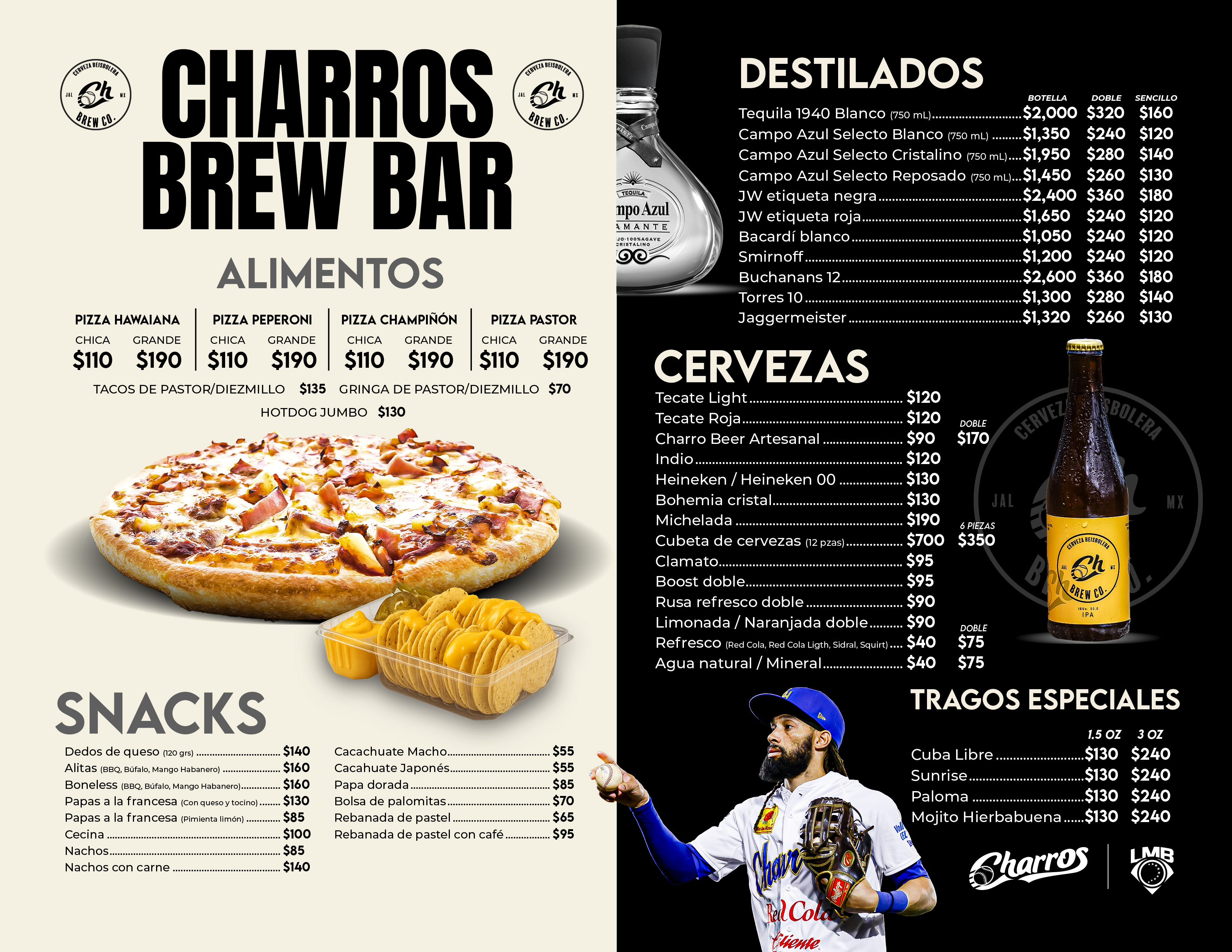 Menú completo de Charros Brew Bar - Alitas, boneless, hamburguesas, bebidas y más